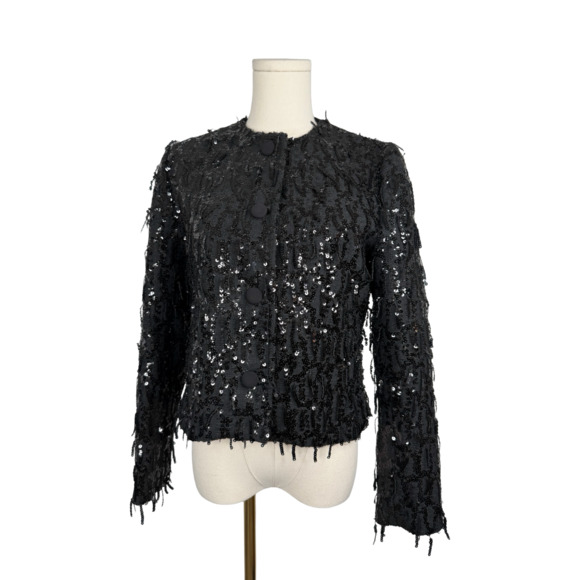 Zara Jackets & Blazers - Zara Black Sequined Fringed Round Neck Blazer Jacket Sz. S NWT